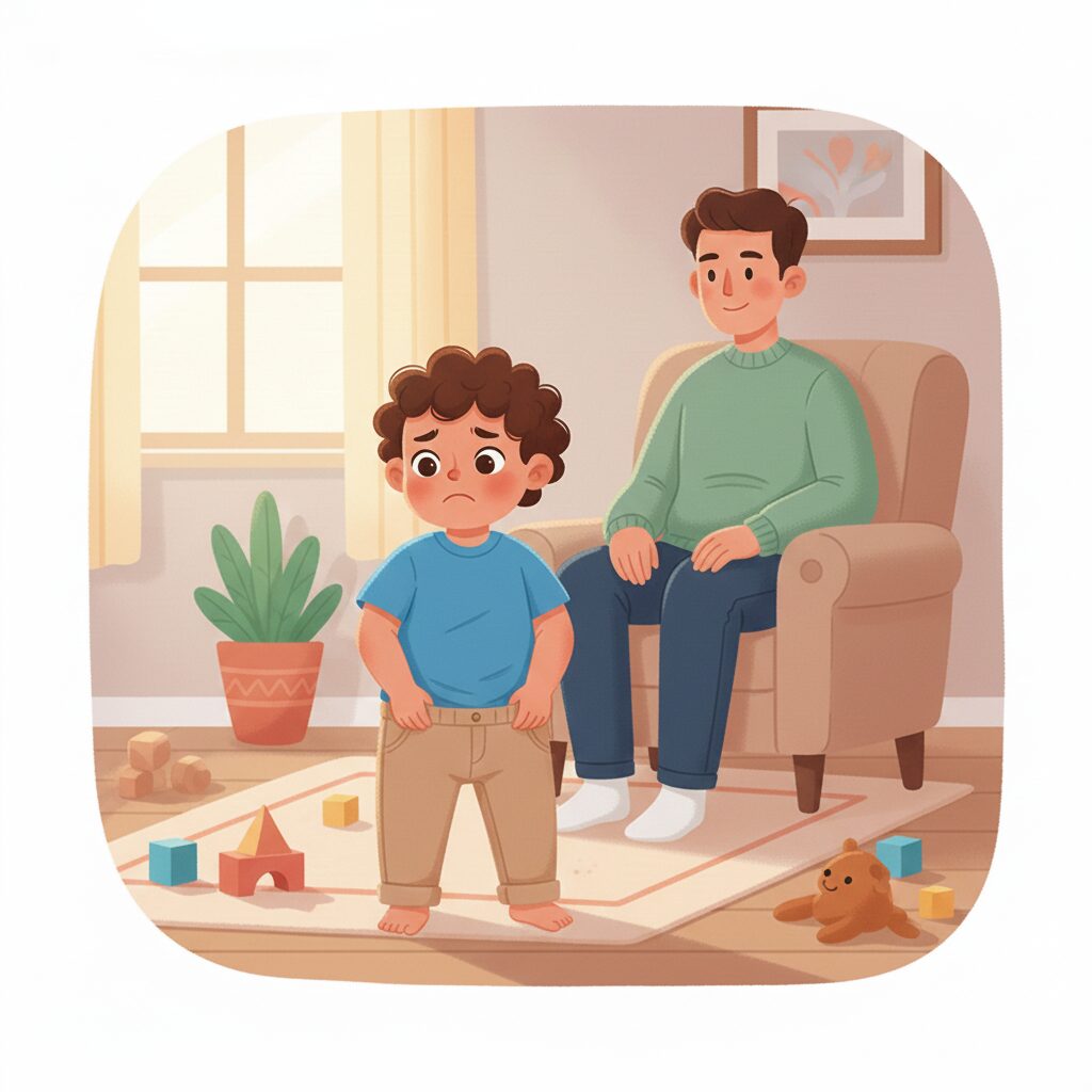 이미지 1 - 아이가 스스로 바지를 내리려고 시도하거나 기저귀가 젖었음을 불편해하는 표정을 짓는 삽화.