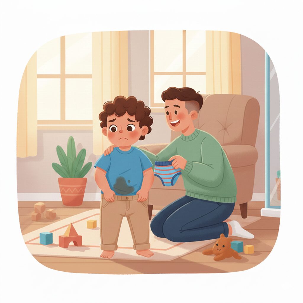 이미지 3 - 아이가 실수했지만, 부모가 미소를 지으며 차분하게 옷을 갈아입혀주는 모습.