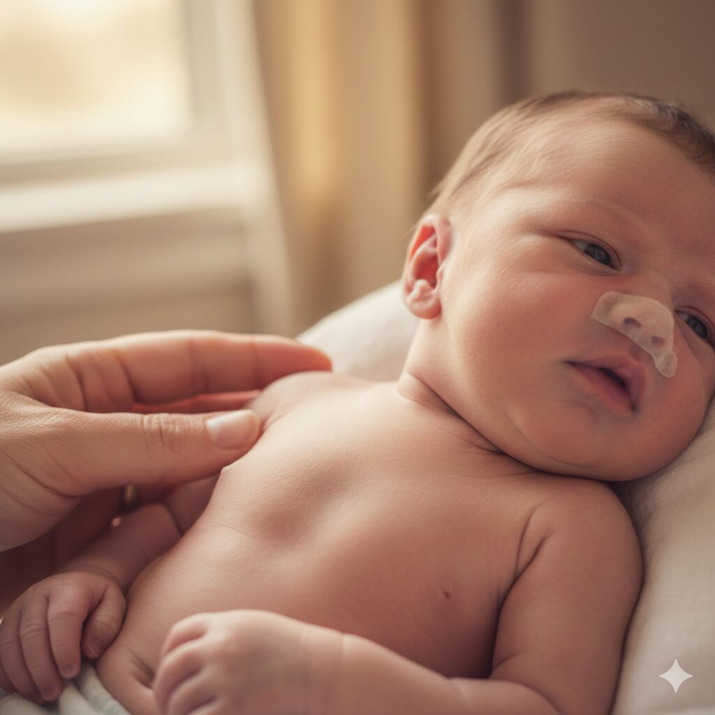 이미지 1 - 아기가 좁아진 기도로 인해 숨쉬기를 힘들어하는 모습 (걱정하는 부모의 따뜻한 손)