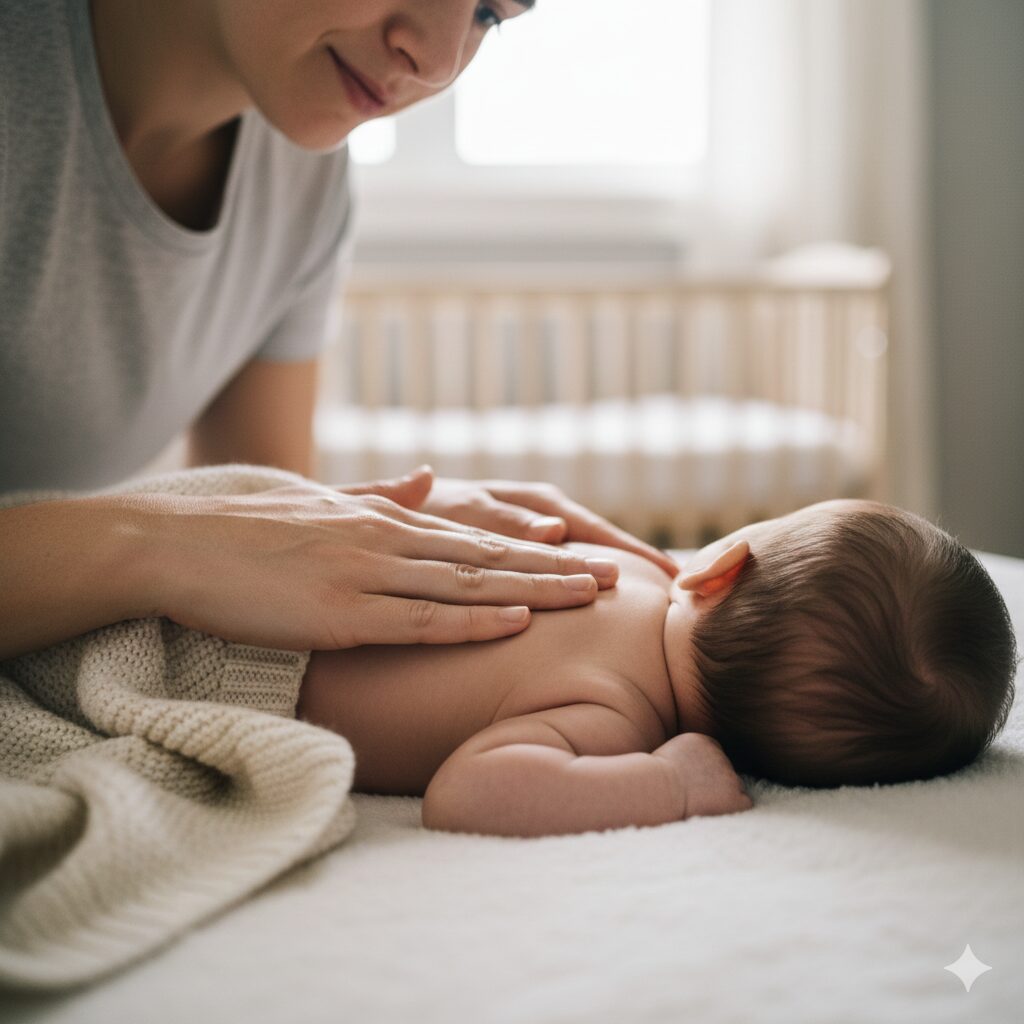 이미지 3 - 부모가 아기의 등이나 가슴을 부드럽게 두드려주는 '타진' 모습 (가래 배출 돕기)