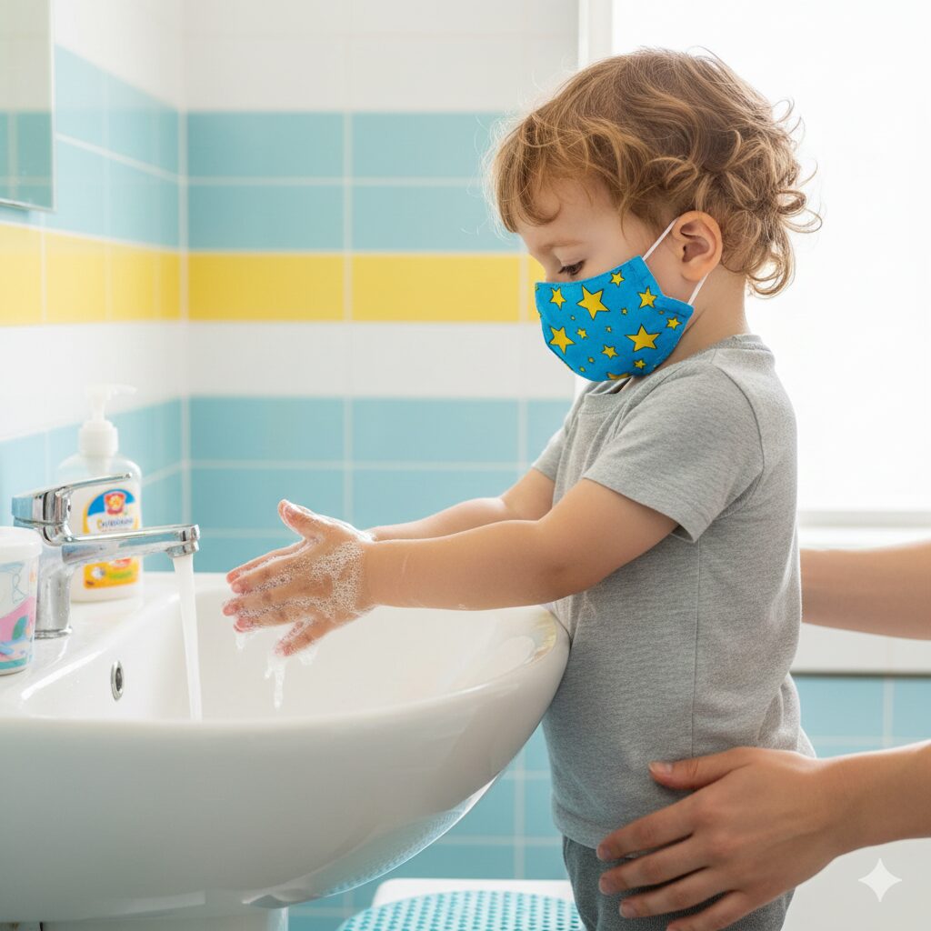 이미지 4 - 마스크를 쓴 가족과 손을 씻는 아이의 모습 (예방 수칙 강조)