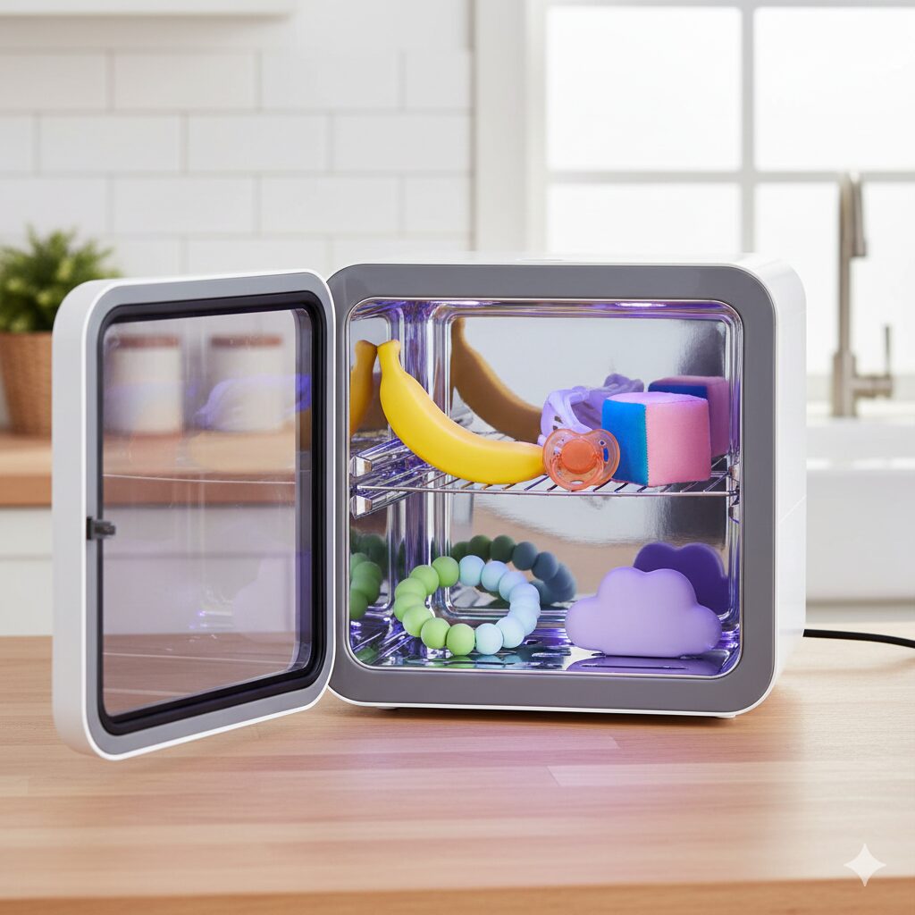 이미지 3 - 대체텍스트: 여러 종류의 알록달록한 아기 장난감과 치발기들이 소독기 안에 정리되어 있는 모습