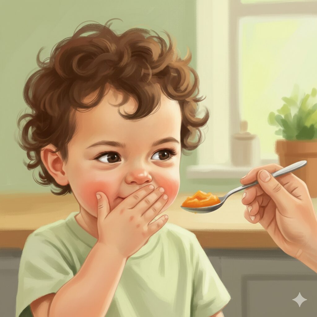 이미지 1 - 대체텍스트: 숟가락으로 입을 가리고 고개를 돌리며 음식 먹기를 거부하는 귀여운 유아와 난처한 표정을 짓고 있는 엄마의 모습. 따뜻하고 부드러운 색감.