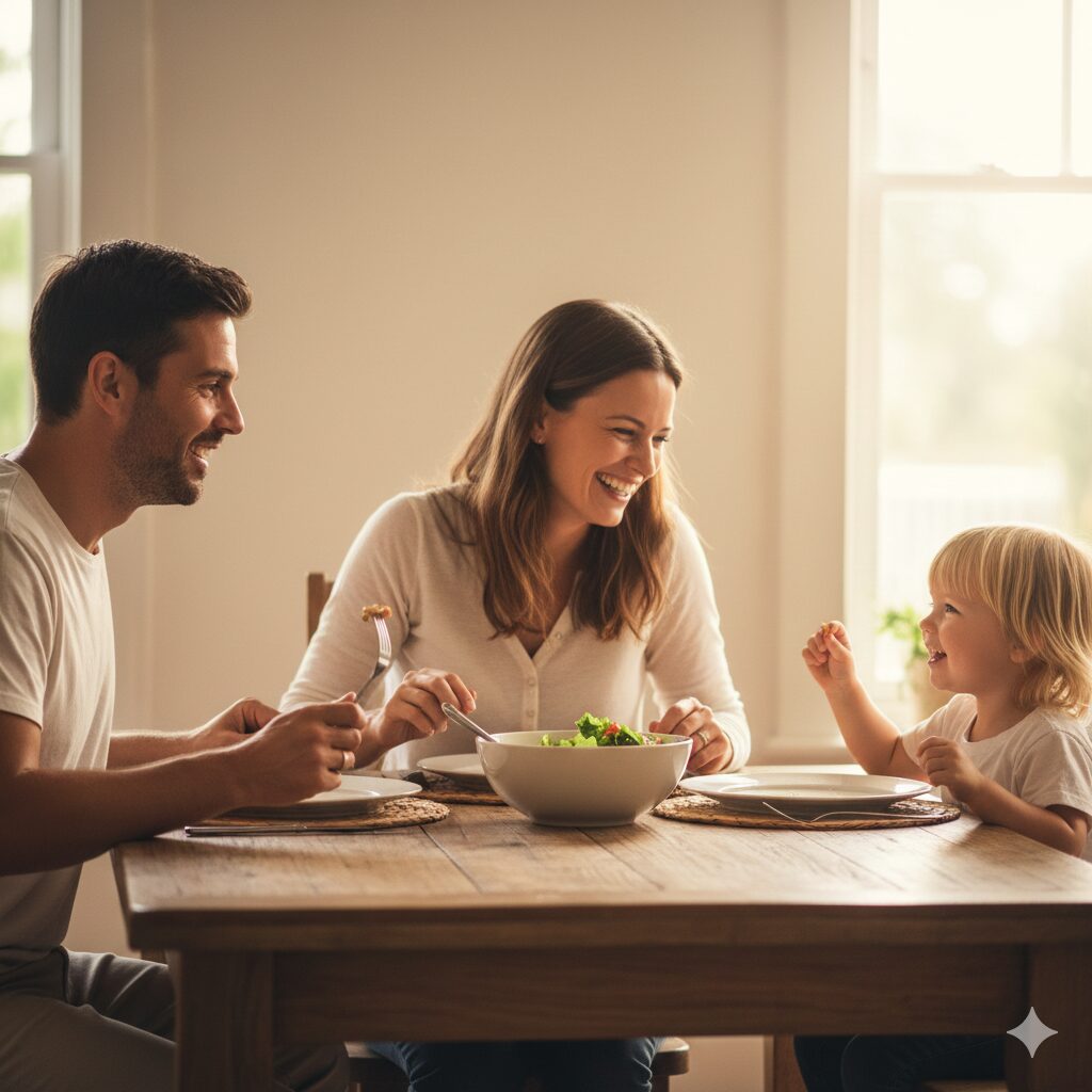 이미지 4 - 대체텍스트: 아이와 부모가 식탁에 앉아 음식을 함께 먹으며 환하게 웃고 있는 행복한 식사 시간 모습. 집안의 따뜻하고 편안한 분위기가 느껴진다.