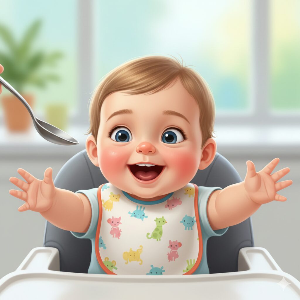 이미지 1 - 대체텍스트: 밝은 미소를 지으며 의자에 앉아 엄마 아빠가 주는 숟가락을 바라보는 생후 6개월 아기