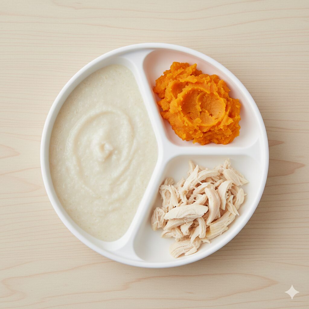 이미지 2 - 대체텍스트: 숟가락으로 으깬 중간 정도의 질감으로 보이는 이유식 재료들 (당근, 브로콜리, 쌀)