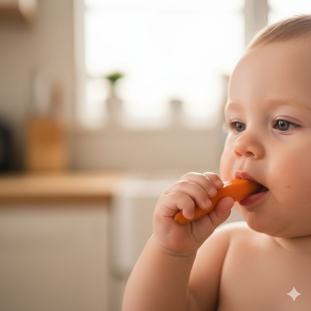 이미지 3 - 대체텍스트: 아기가 스스로 손에 잡고 먹는 무른 당근 스틱