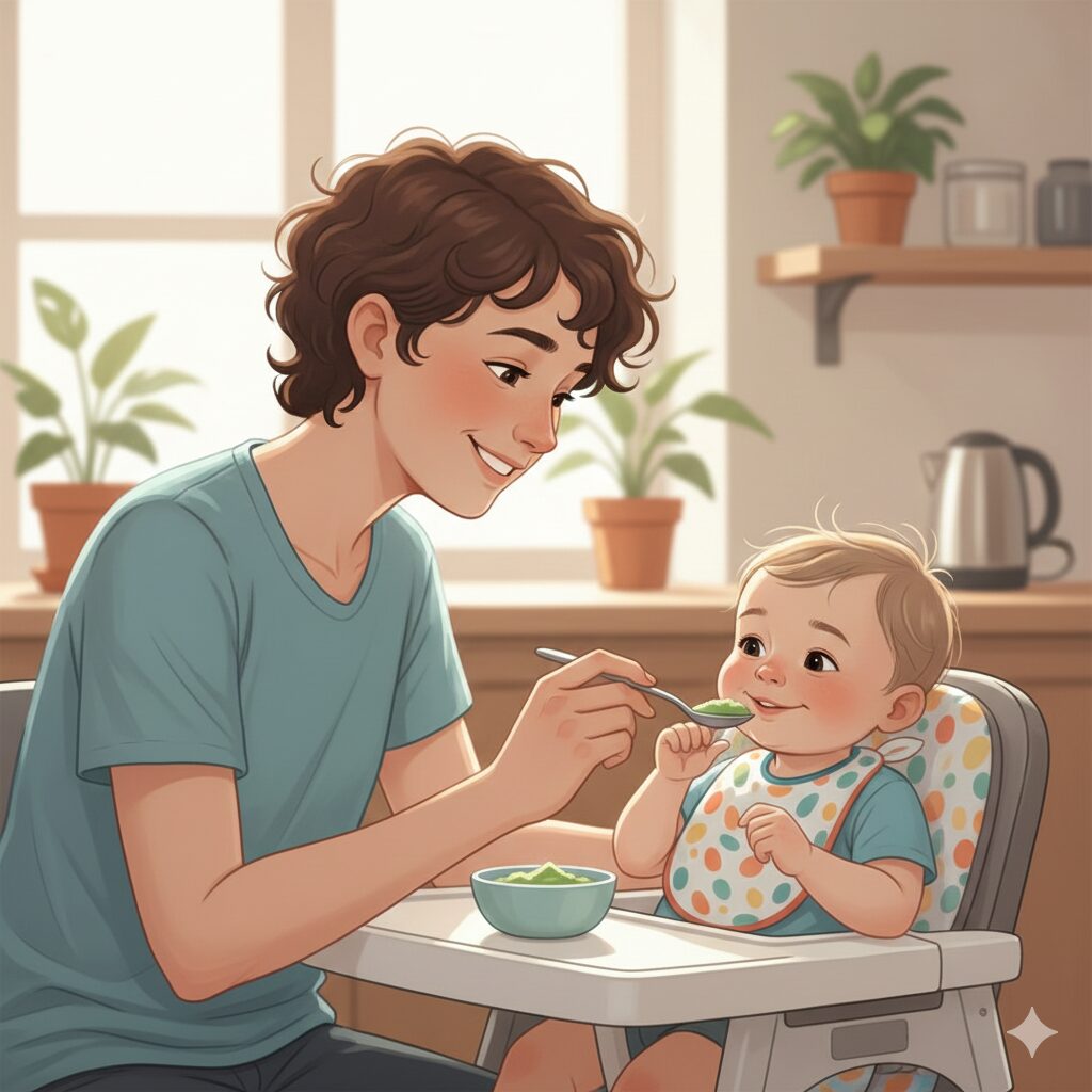 이미지 4 - 대체텍스트: 이유식 식판 앞에서 장난치듯 미소를 짓고 있는 아기와, 그 모습을 보고 웃고 있는 엄마의 손