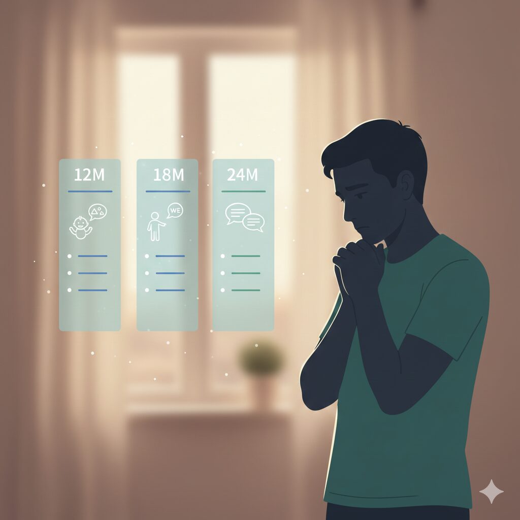 이미지 1 - 대체텍스트: 언어 발달 단계를 나타내는 표와, 이를 바라보며 고민하는 부모의 모습