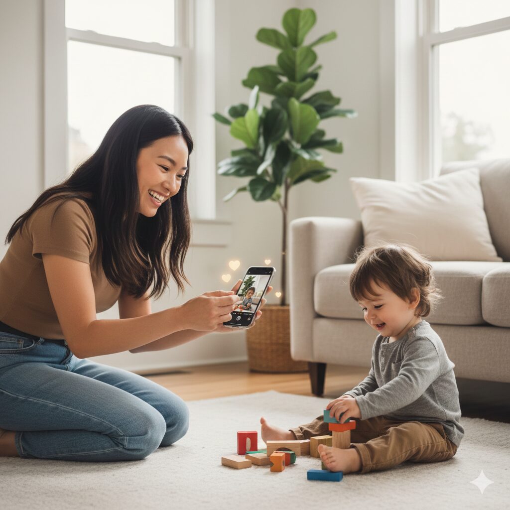 이미지 1 - 대체텍스트: MZ세대 부모가 아이의 예쁜 순간을 스마트폰 카메라로 촬영하여 인스타그램에 업로드하는 모습. 밝고 따뜻한 분위기.