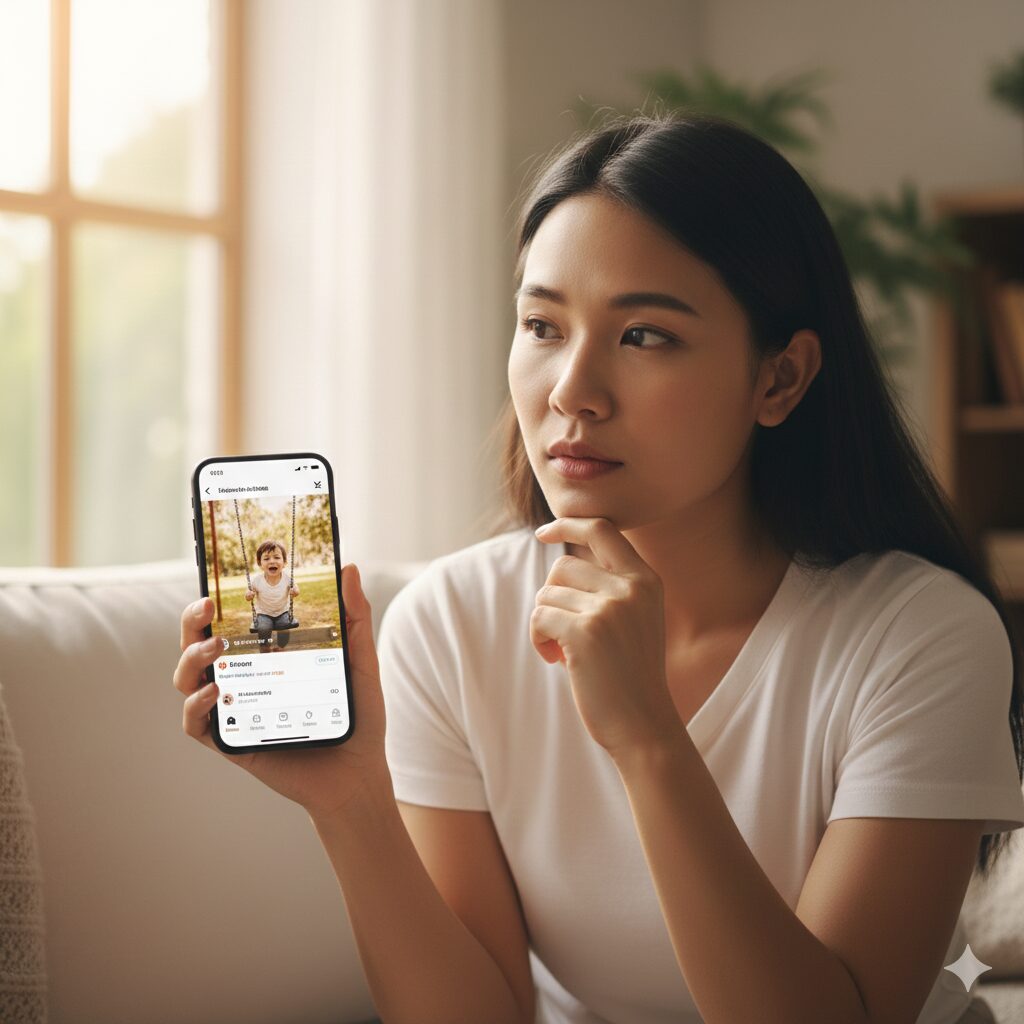 이미지 5 - 대체텍스트: 한 부모가 SNS에 올릴 사진을 보정하고 업로드 버튼 앞에서 잠시 고민하는 모습. 개인 정보와 과도한 노출에 대한 생각이 느껴짐.
