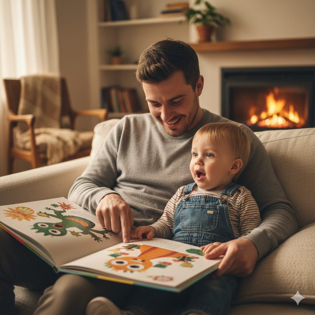 스마트폰 화면 대신 화려한 색감의 그림책을 함께 보는 부모와 아기
