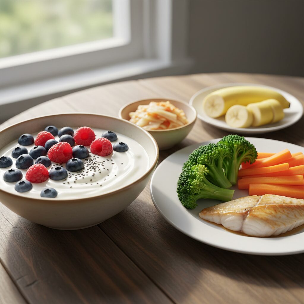 이미지 3 - 다양한 채소, 과일, 발효 음식으로 차려진 아이의 건강한 식단