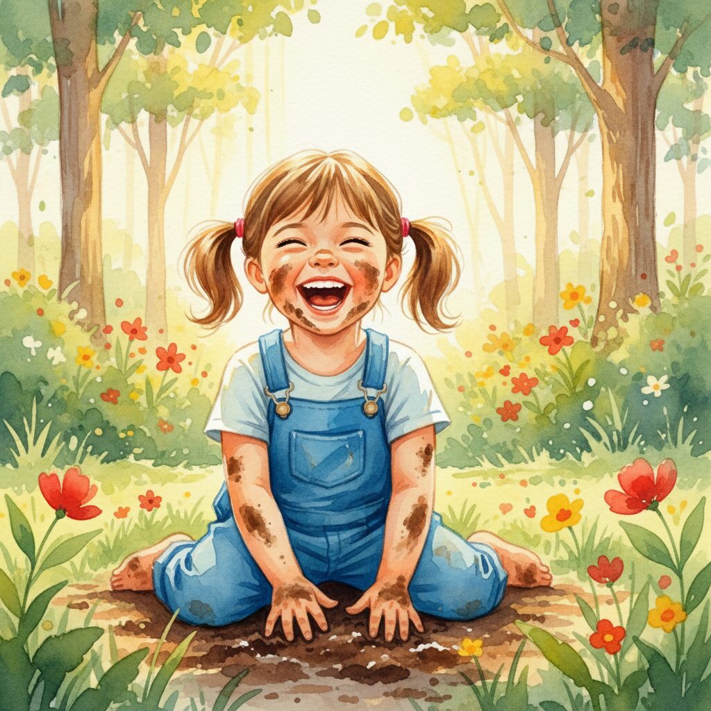 이미지 4 - 숲속에서 흙을 만지며 즐겁게 뛰어노는 아이의 모습
