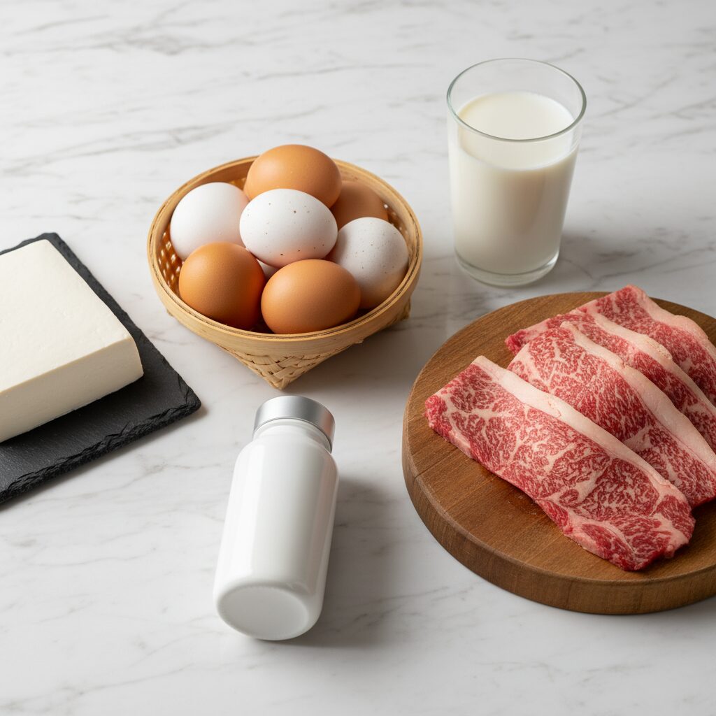 [이미지 3 - 다양한 단백질 식품(계란, 우유, 콩, 소고기)이 예쁘게 차려진 식탁과 알부민 영양제 한 병]