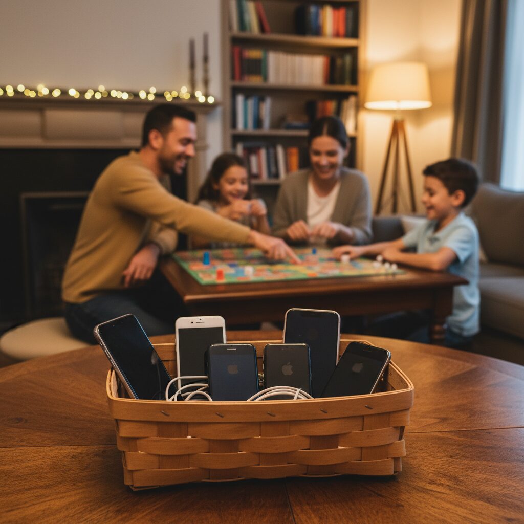 이미지 5 - 거실에 '스마트폰 보관함'을 두고 온 가족이 함께 노는 모습