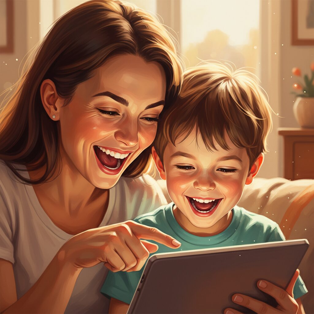 이미지 4 - 부모와 아이가 함께 태블릿을 보며 즐겁게 대화하는 모습