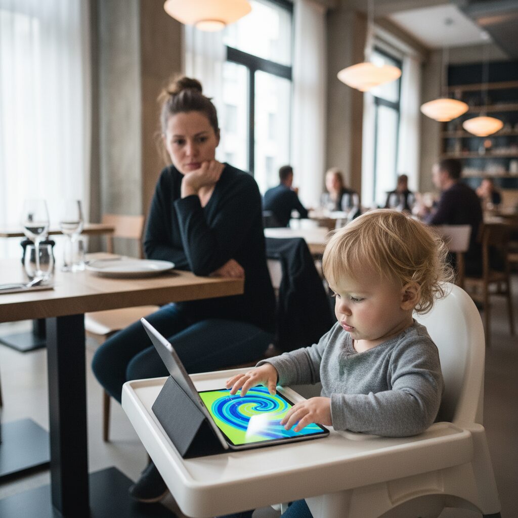 이미지 1 - 식당에서 태블릿을 보고 있는 아이와 그 옆에서 고민에 빠진 부모의 모습