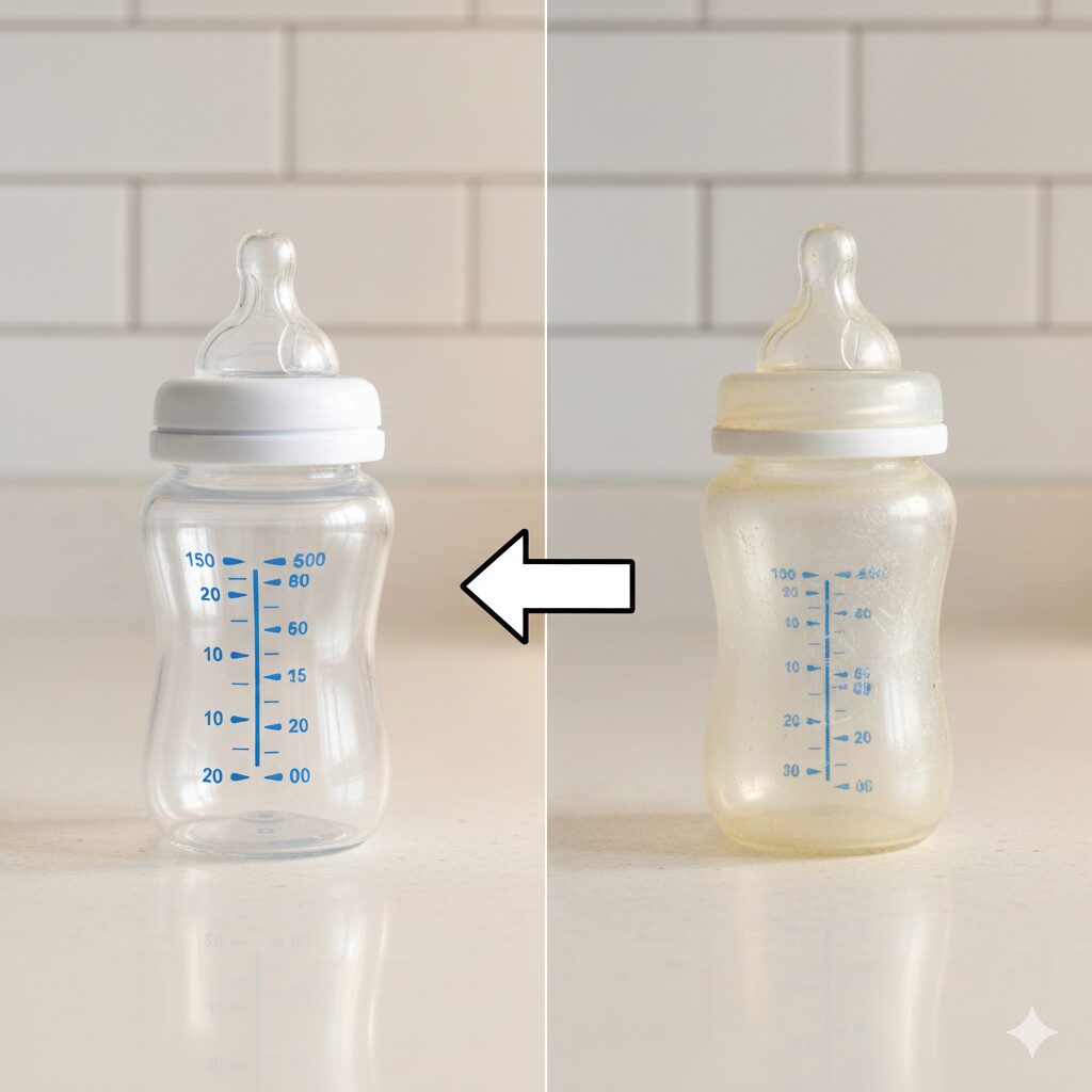 (이미지 4 - 대체텍스트: 사용 기간이 지나 미세한 흠집이 생기고 뿌옇게 변한 플라스틱 젖병과 새 젖병을 비교하는 클로즈업 사진)