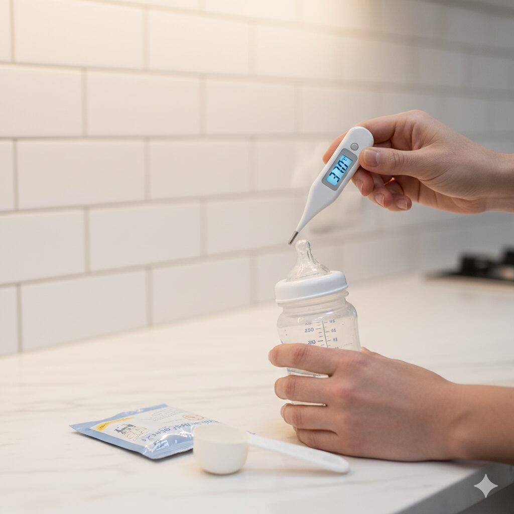 (이미지 3 - 대체텍스트: 분유 조제 시 안전한 물 온도를 측정하기 위해 온도계를 사용하는 모습)