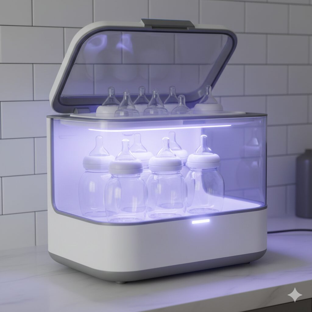 (이미지 2 - 대체텍스트: 젖병 소독기 내부에서 UV 빛으로 젖병이 소독되고 있는 모습)