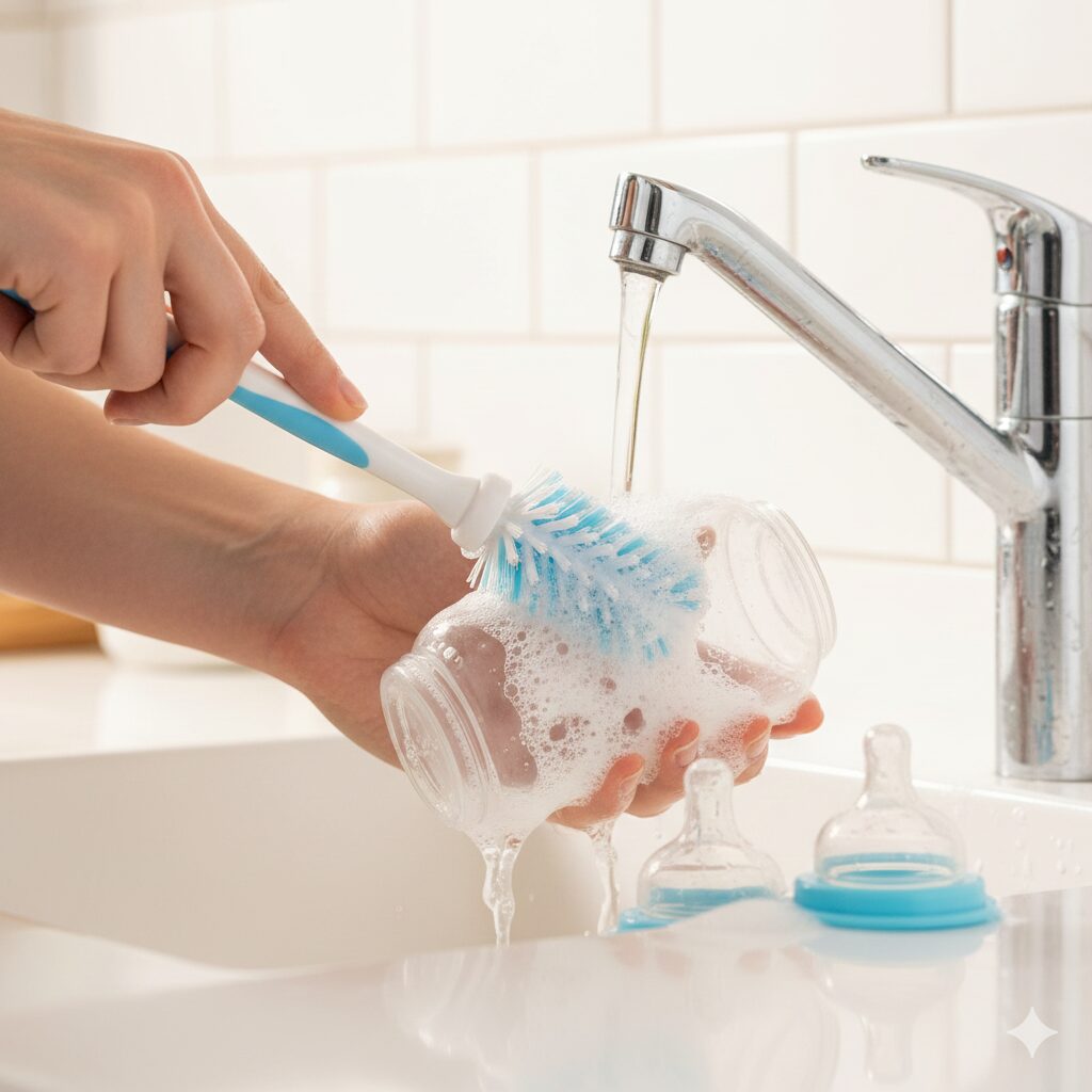 (이미지 1 - 대체텍스트: 깨끗하게 분리된 젖병 부품들을 젖병 전용 솔과 세제로 세척하는 모습)