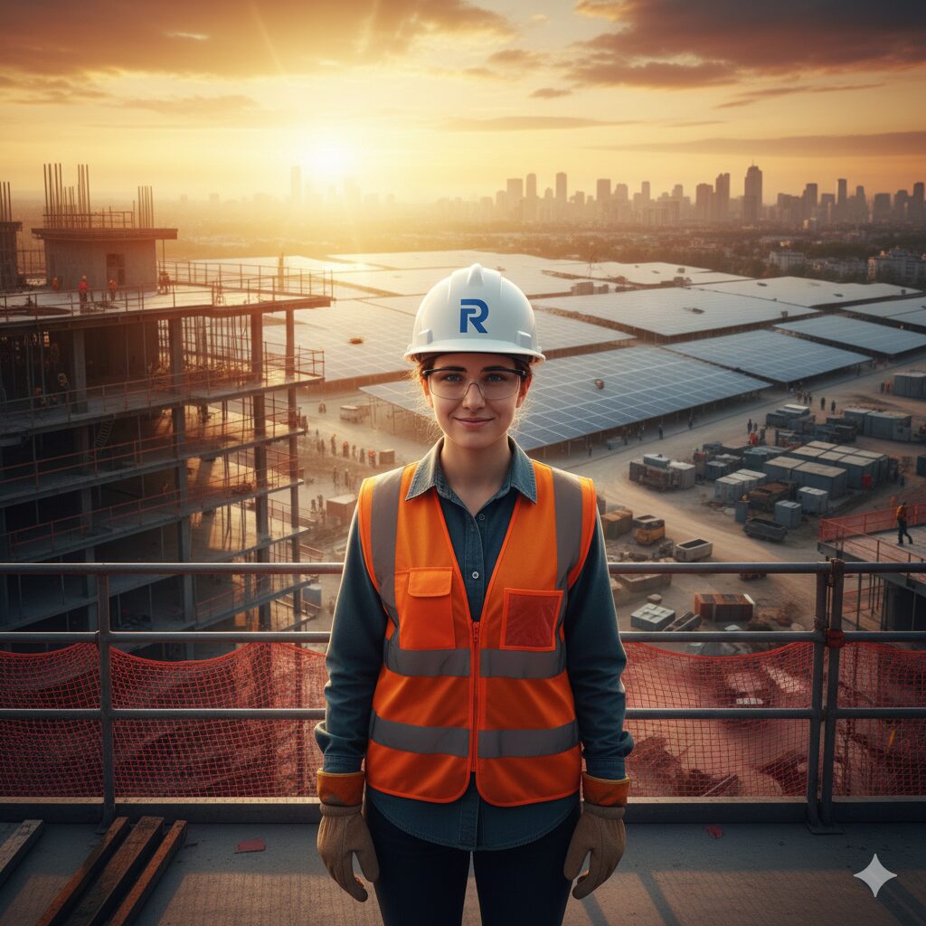 A young person in a hard hat looking at the future on a construction site - 대체 텍스트(영문): Young professional gazing at a bright future on a construction site