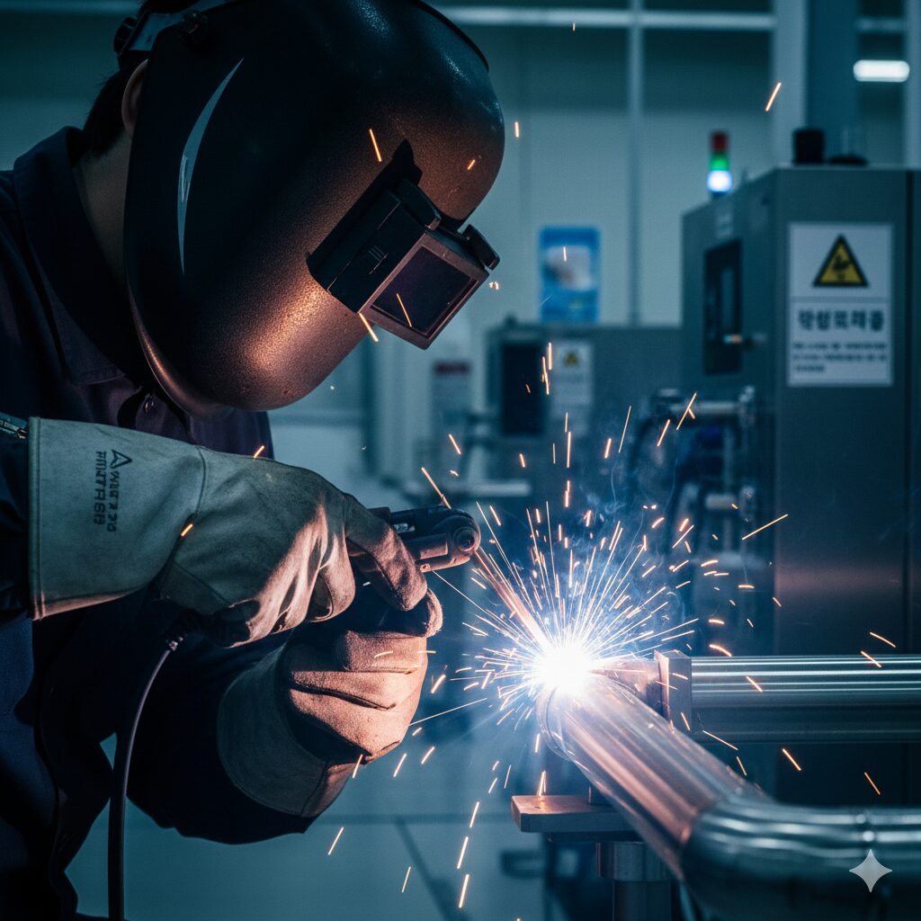 A young skilled worker in a welding mask operating advanced equipment - 대체 텍스트(영문): A young skilled technician, the future of national industry