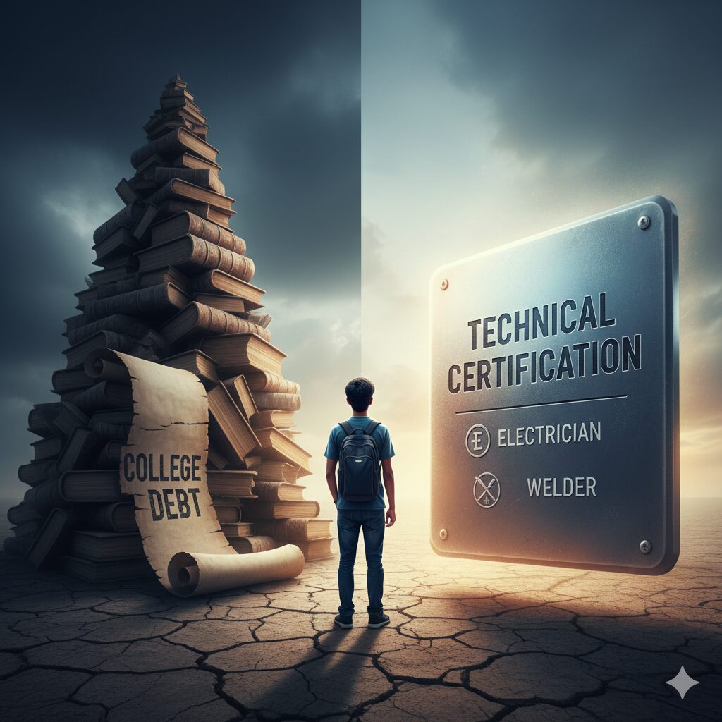 A young person contemplating between a large college tuition bill and a technical certification - 대체 텍스트(영문): The choice between high student debt and a high-earning trade certification