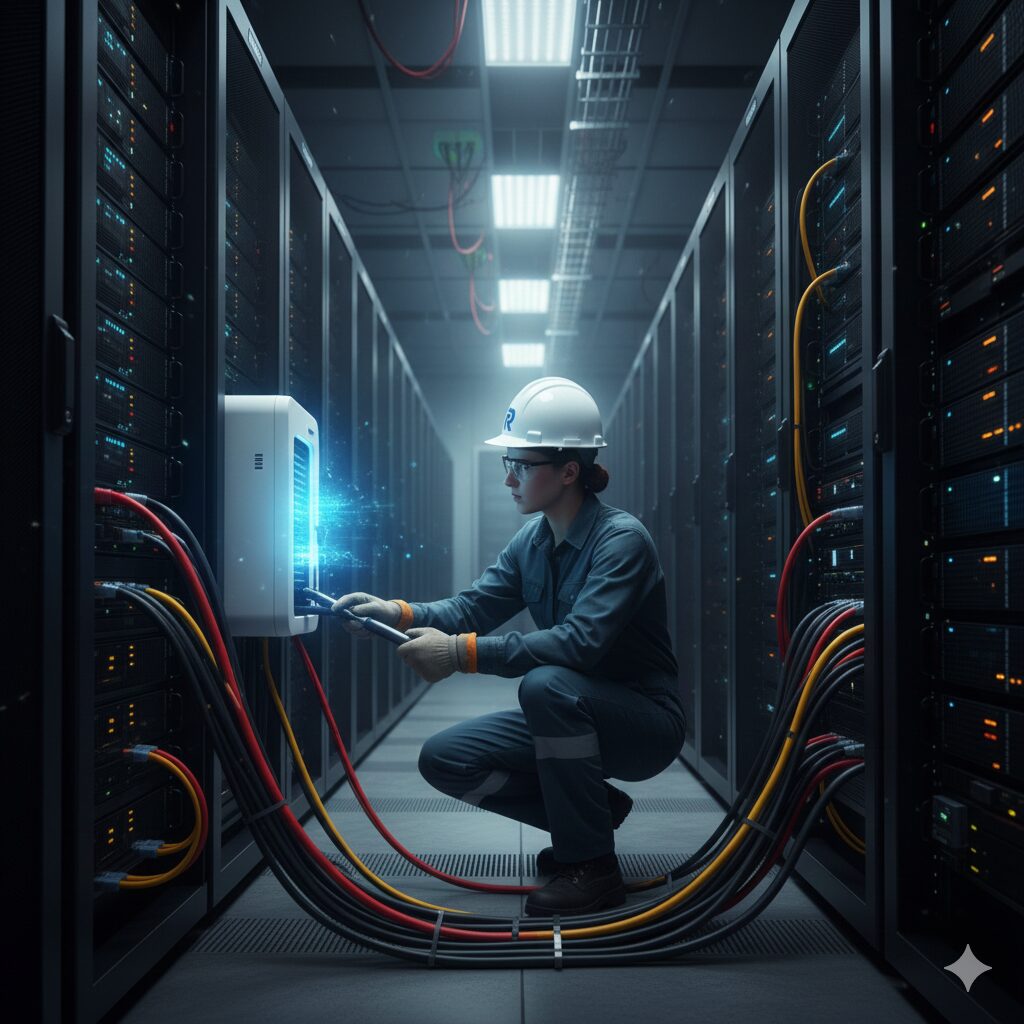 Young technician (Blue Collar) checking electrical wiring in front of a data center - 대체 텍스트(영문): Skilled electrician at the core of AI infrastructure, a data center