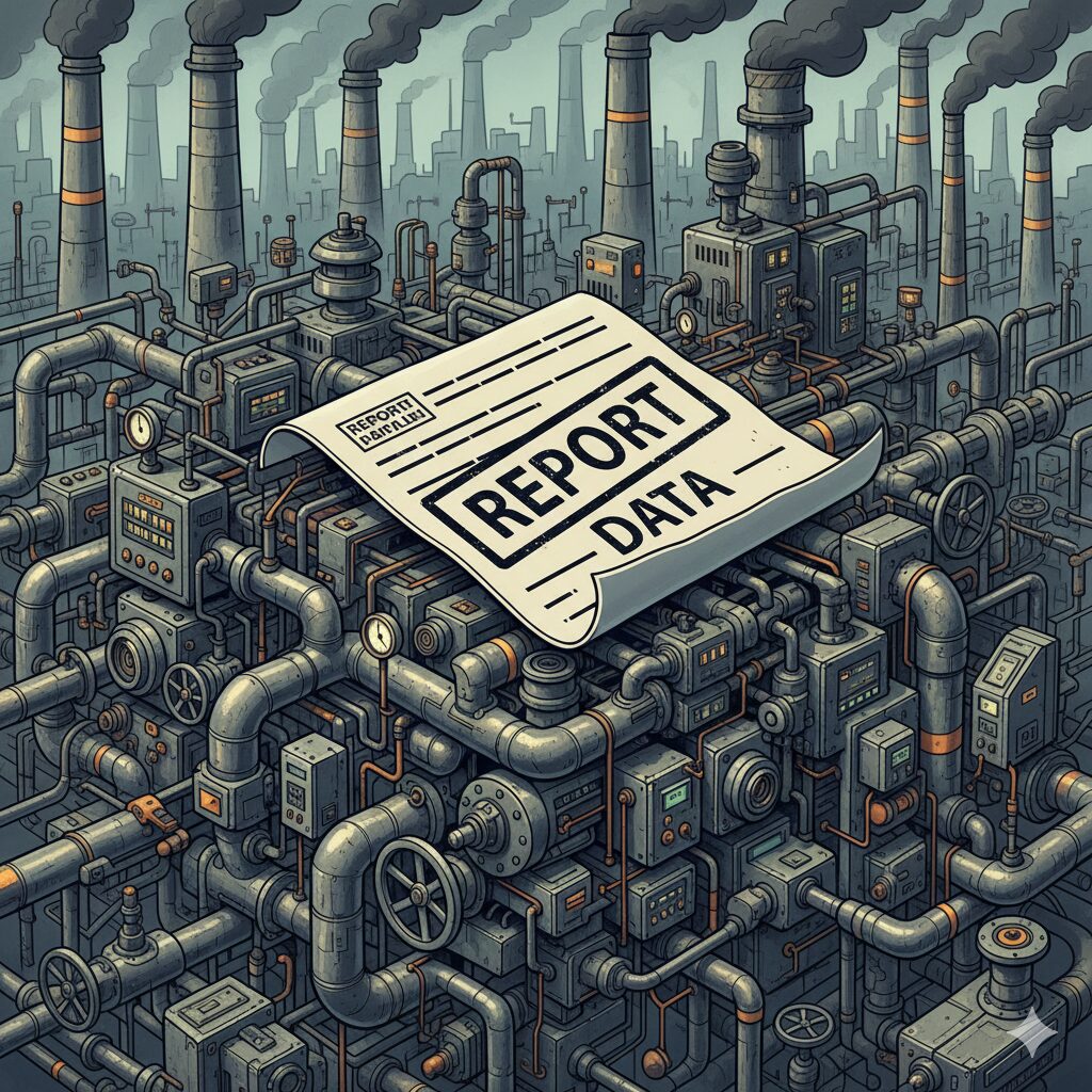 이미지 2 - 복잡하게 얽힌 공장 파이프라인과 그 위에 덧씌워진 'Report' 문서