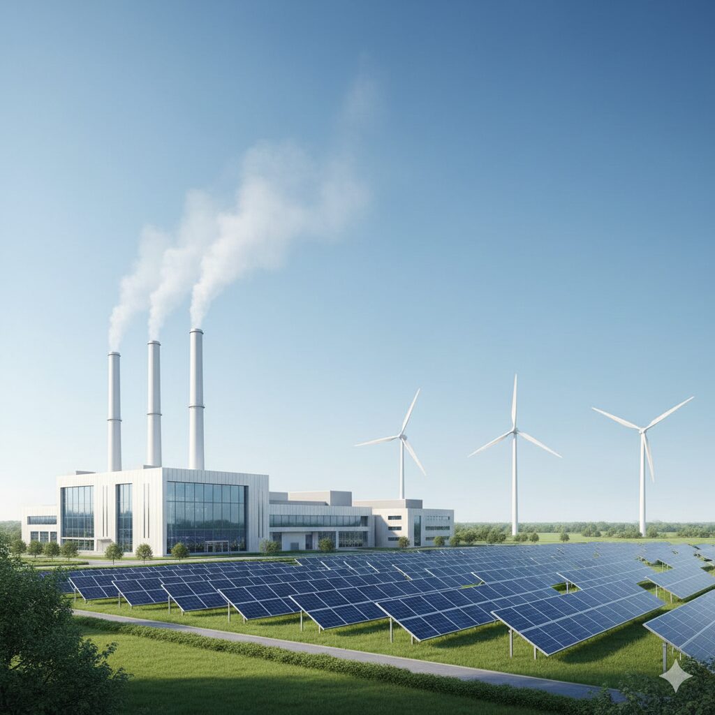 이미지 3 - 공장 굴뚝에서 매연 대신 깨끗한 수증기가 나오고, 옆에 태양광 패널이 설치된 모습