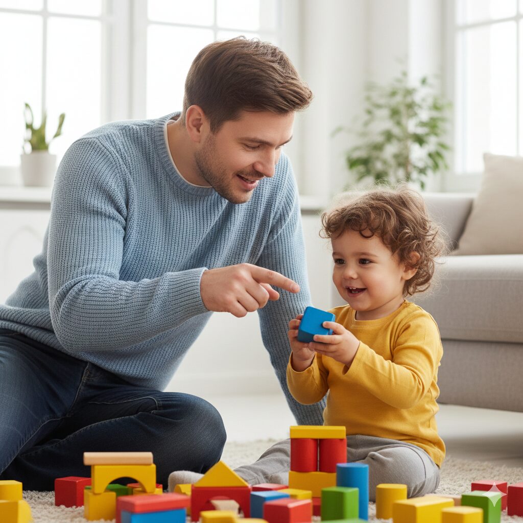A parent and child playing with building blocks, with the parent saying "Red block!" or "Building high!" (Alternative text: Parent labeling toys and actions during playtime with their child)