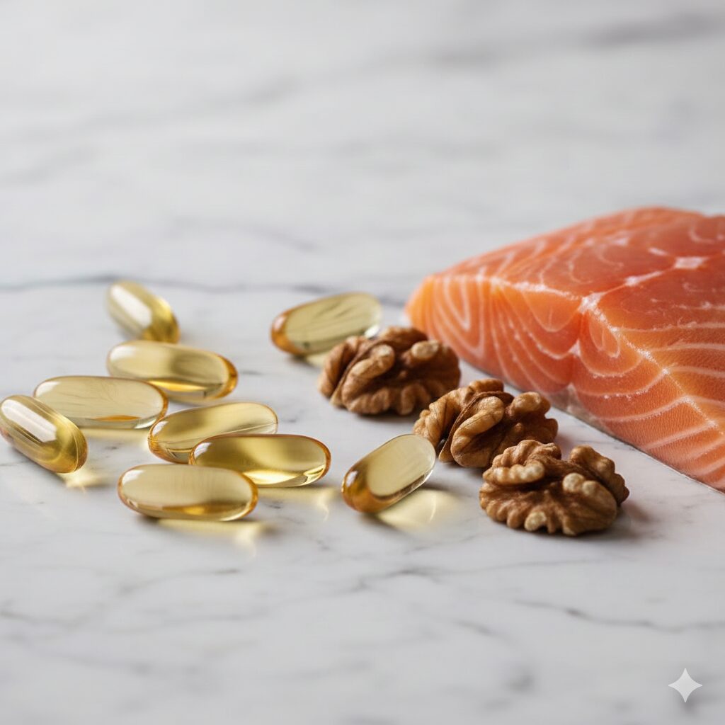 이미지 3 - 신선한 연어, 견과류와 함께 놓인 투명하고 노란 오메가-3 캡슐 이미지