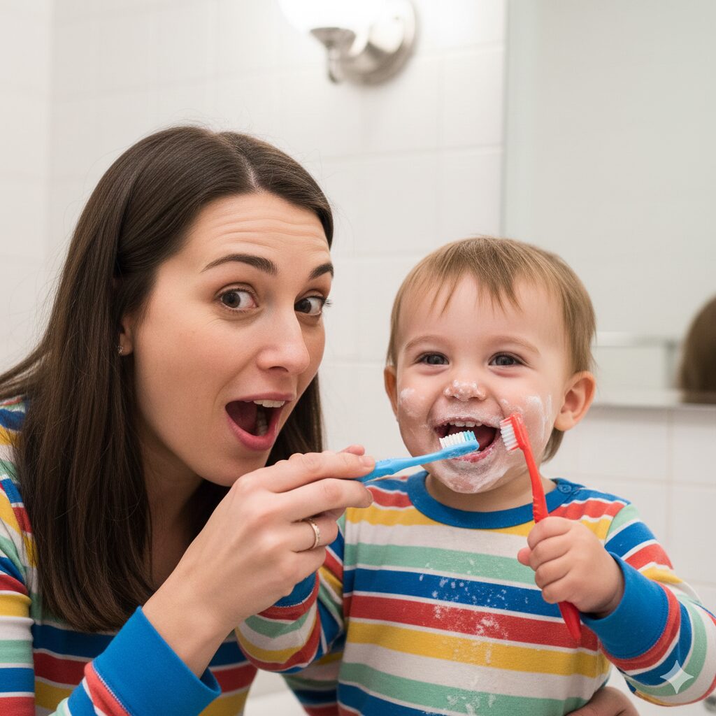 A parent helping a child brush their teeth and saying, "Brushy brushy, clean teeth!" (Alternative text: Parent stimulating language during daily routine activities like brushing teeth)