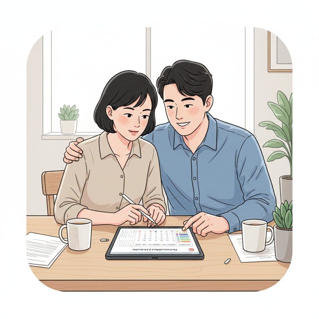 이미지 4 - 부부가 함께 육아 휴직 서류(혹은 노트북 화면)를 보며 스케줄을 짜고 있는 모습. 다정한 팀워크를 보여주는 이미지