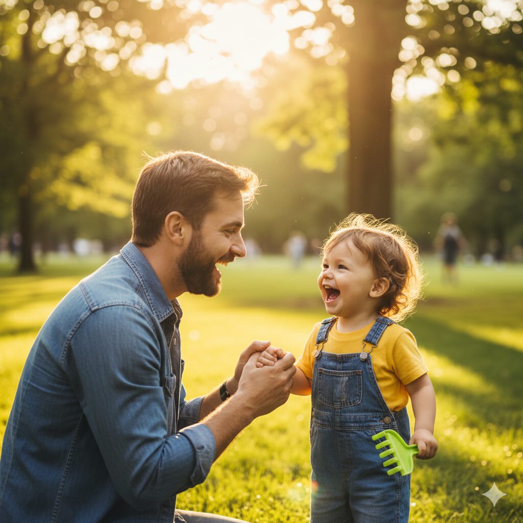 A warm, positive photo of a parent and child smiling at each other and holding hands (Alternative text: Positive parent-child interaction and bonding)