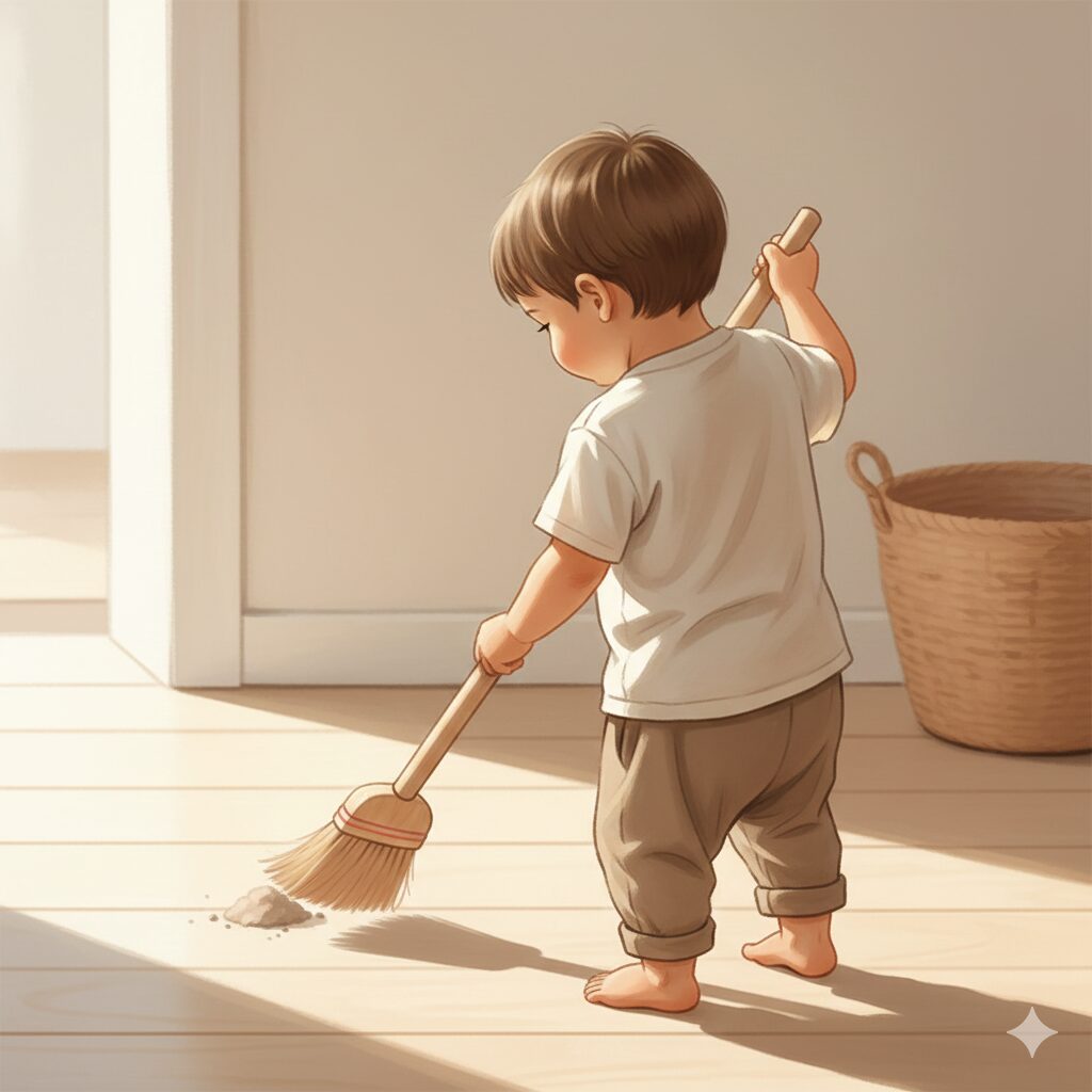 이미지 4 - 아이용 작은 빗자루로 바닥을 쓰는 아이의 뒷모습