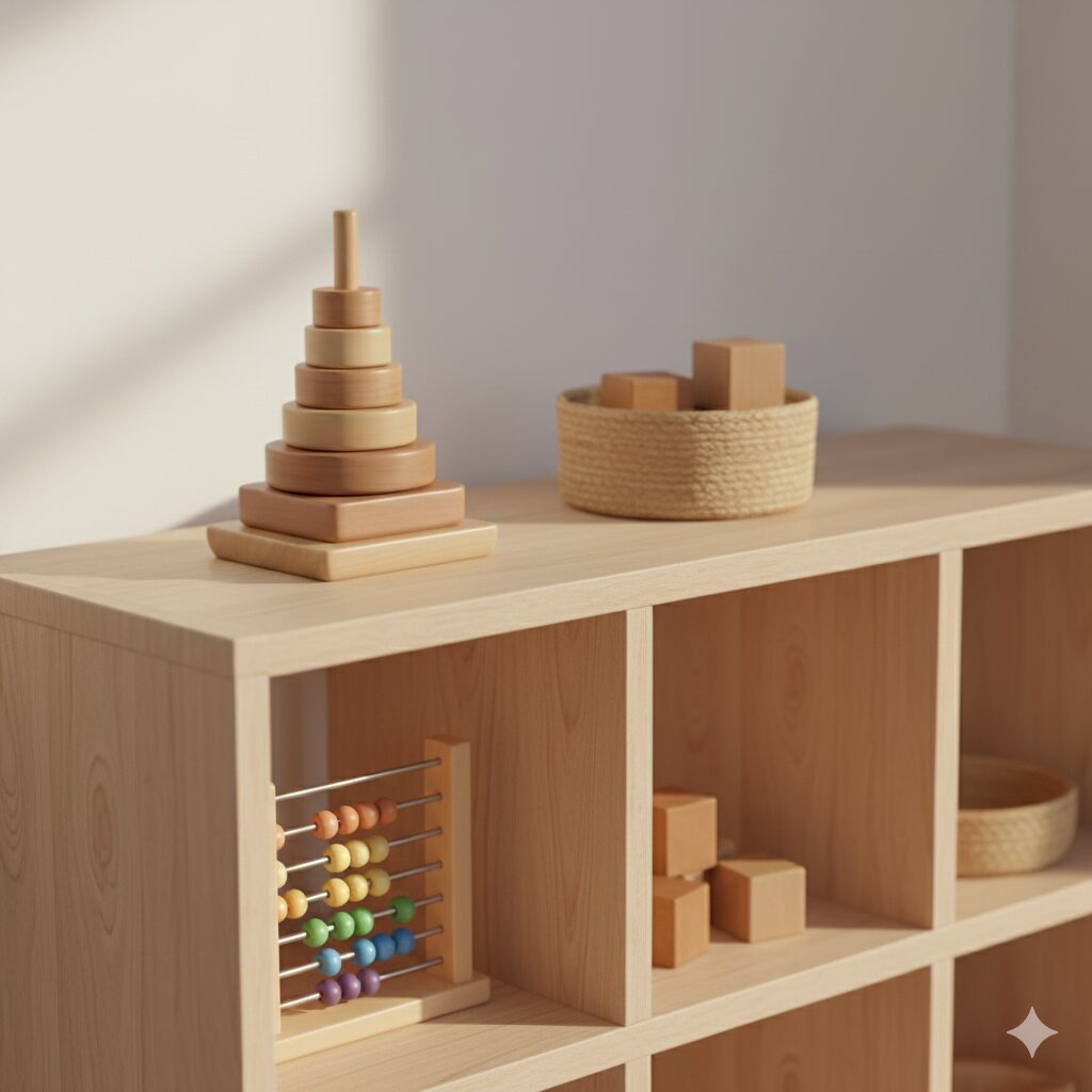 이미지 3 - 정갈하게 정리된 낮은 나무 교구장과 바구니들