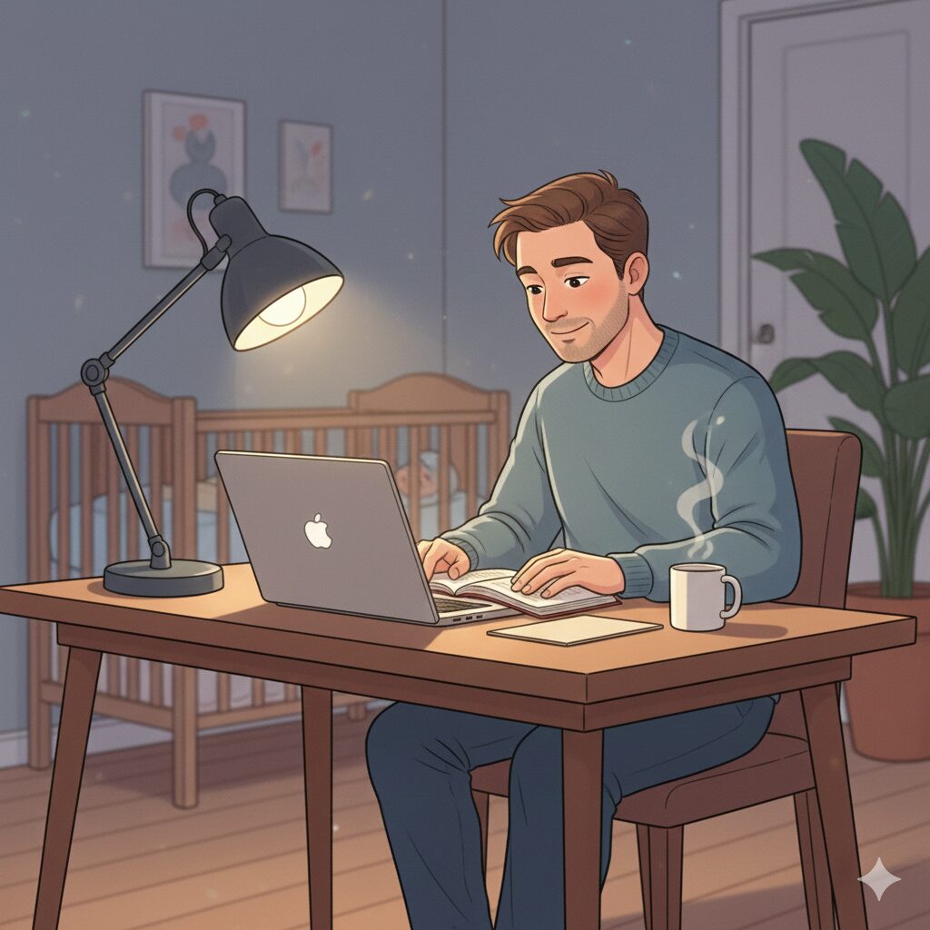 이미지 3 - 아빠가 아기를 재운 후, 조용한 밤에 노트북 앞에 앉아 온라인 강의를 듣거나 책을 읽으며 자기계발을 하는 모습. 따뜻한 스탠드 불빛.
