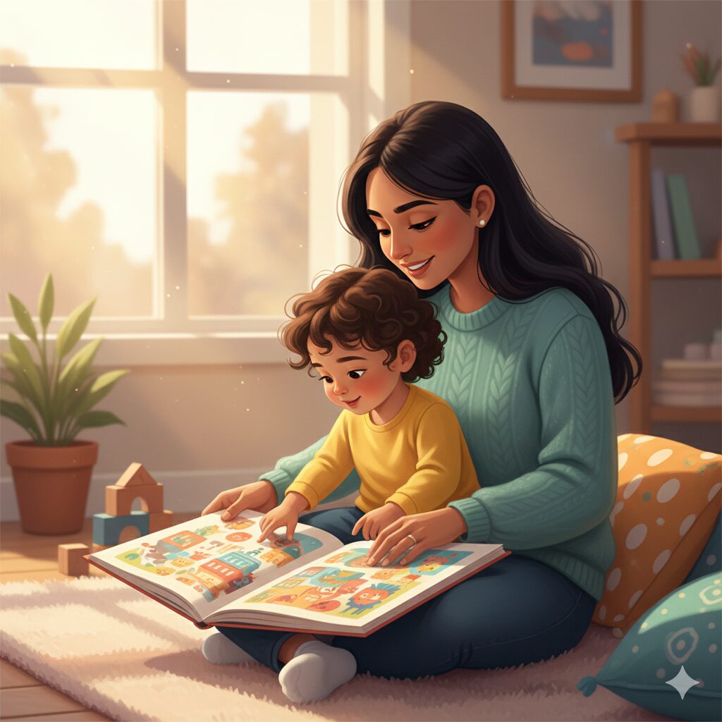 A parent sitting with a child on their lap, looking at a picture book and talking happily (Alternative text: Parent and child engaged in interactive reading and conversation)