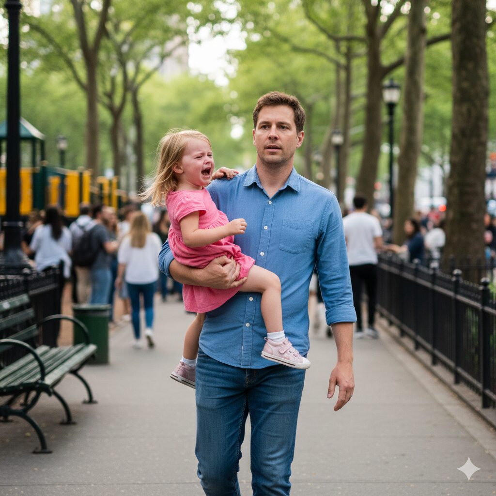 공공장소에서 떼쓰는 아이를 조용히 안아 올려 밖으로 이동하는 부모의 모습 (야외 배경)