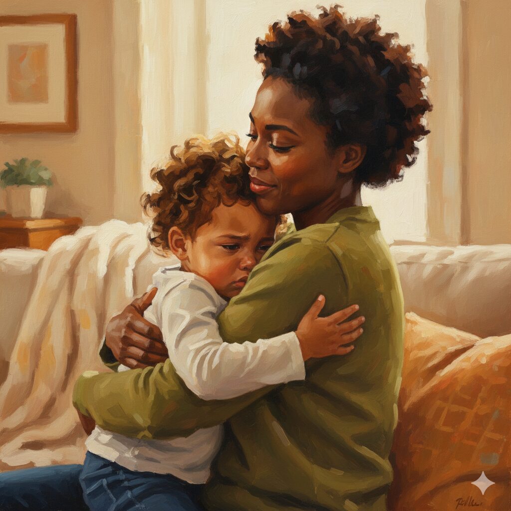 이미지 1 - 걱정하는 표정으로 아이를 깨워보려는 부모의 모습