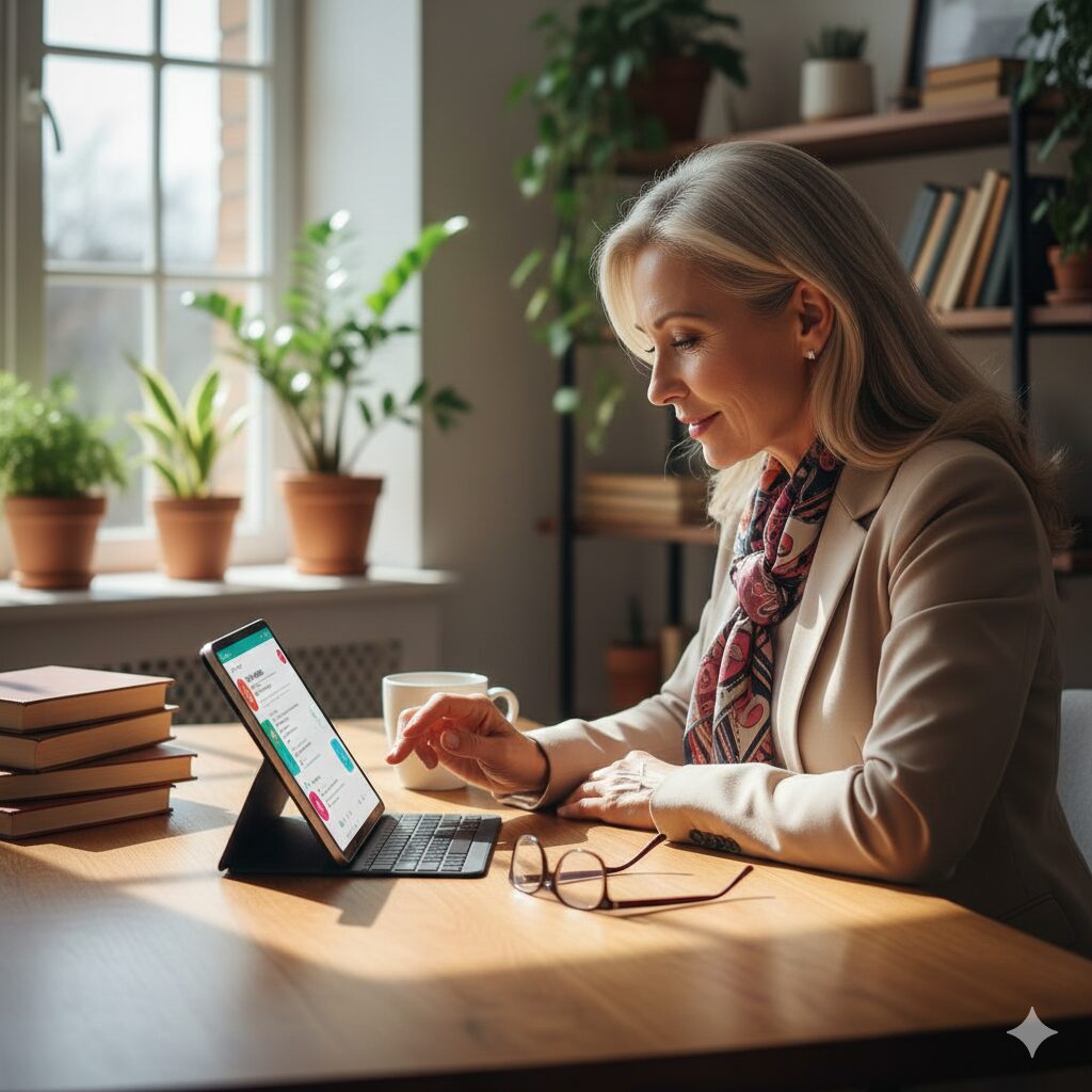 이미지 4 - 세련된 옷차림을 한 50대 여성이 태블릿으로 새로운 언어를 배우는 모습 (혹은 활기차게 워케이션을 즐기는 모습)