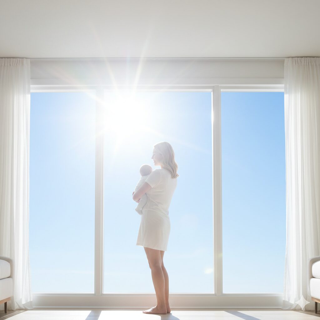 이미지 5 - 아이를 안고 환하게 웃고 있는 건강해 보이는 엄마의 뒷모습과 푸른 하늘