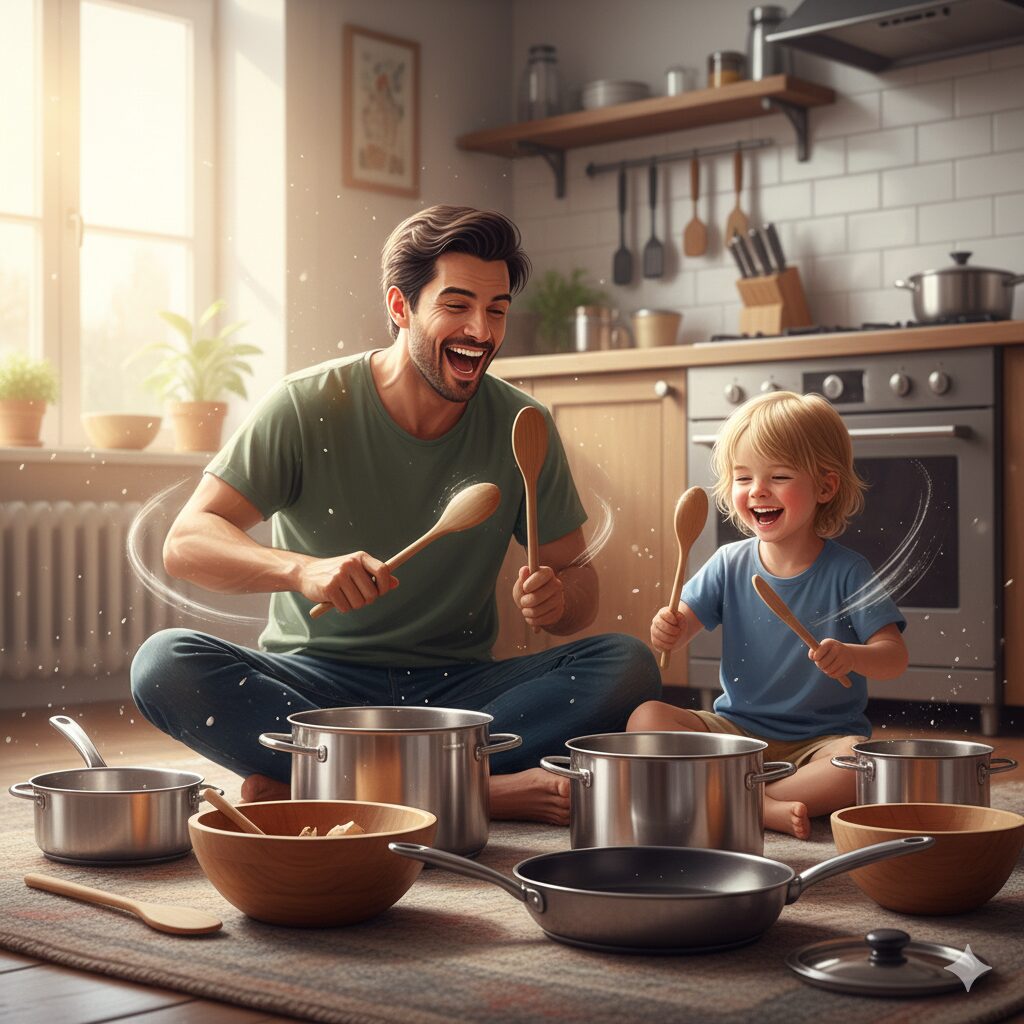 이미지 6 - 주방 바닥에 앉아 각종 냄비와 뒤집개를 들고 신나게 두드리며 연주하는 부모와 아이