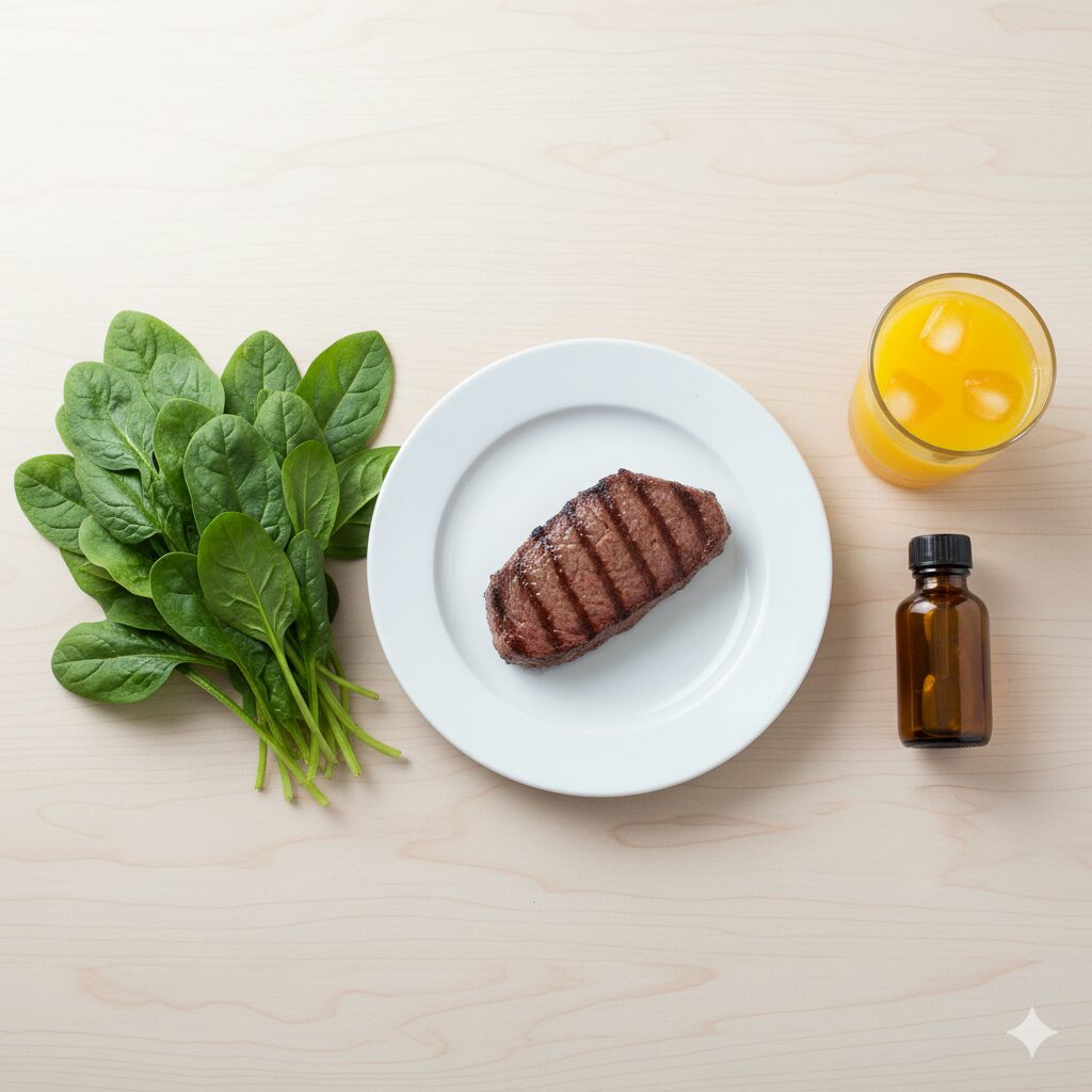 A flat lay photography of iron-rich foods: a small steak, a bunch of fresh spinach, and a glass of orange juice. Beside them, a dark-colored iron supplement bottle. The composition is clean and organized, healthy food concept, vibrant colors.