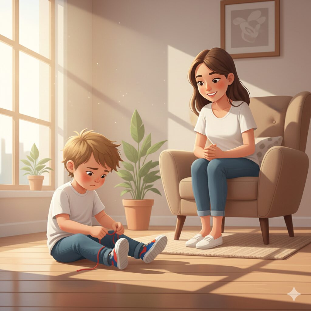 이미지 2 - 아이가 혼자 신발끈을 묶는 것을 옆에서 미소 지으며 지켜보는 부모의 모습