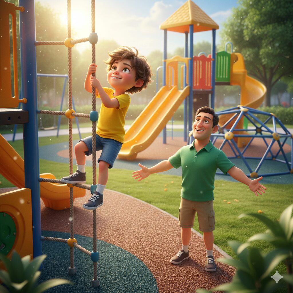 이미지 3 - 놀이터에서 높은 곳에 올라가려는 아이를 적당한 거리에서 지켜보며 응원하는 부모