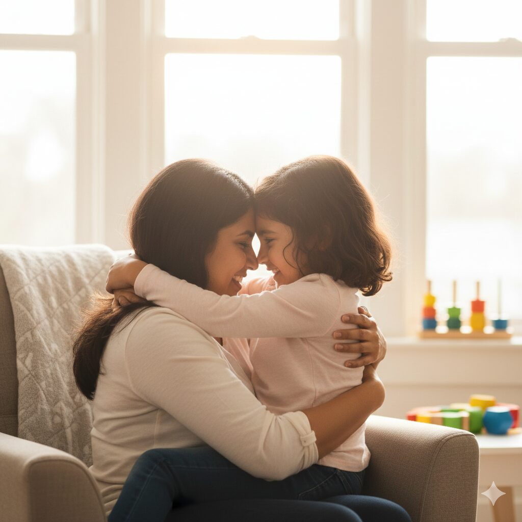 훈육 후 아이와 부모가 서로 안고 웃는 행복한 모습 (따뜻하고 평화로운 분위기)
